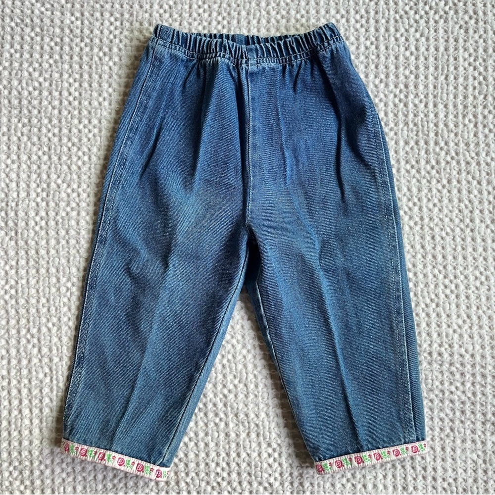 Vintage Toddler Girl 18m Blue Denim Embroidered Floral Trim